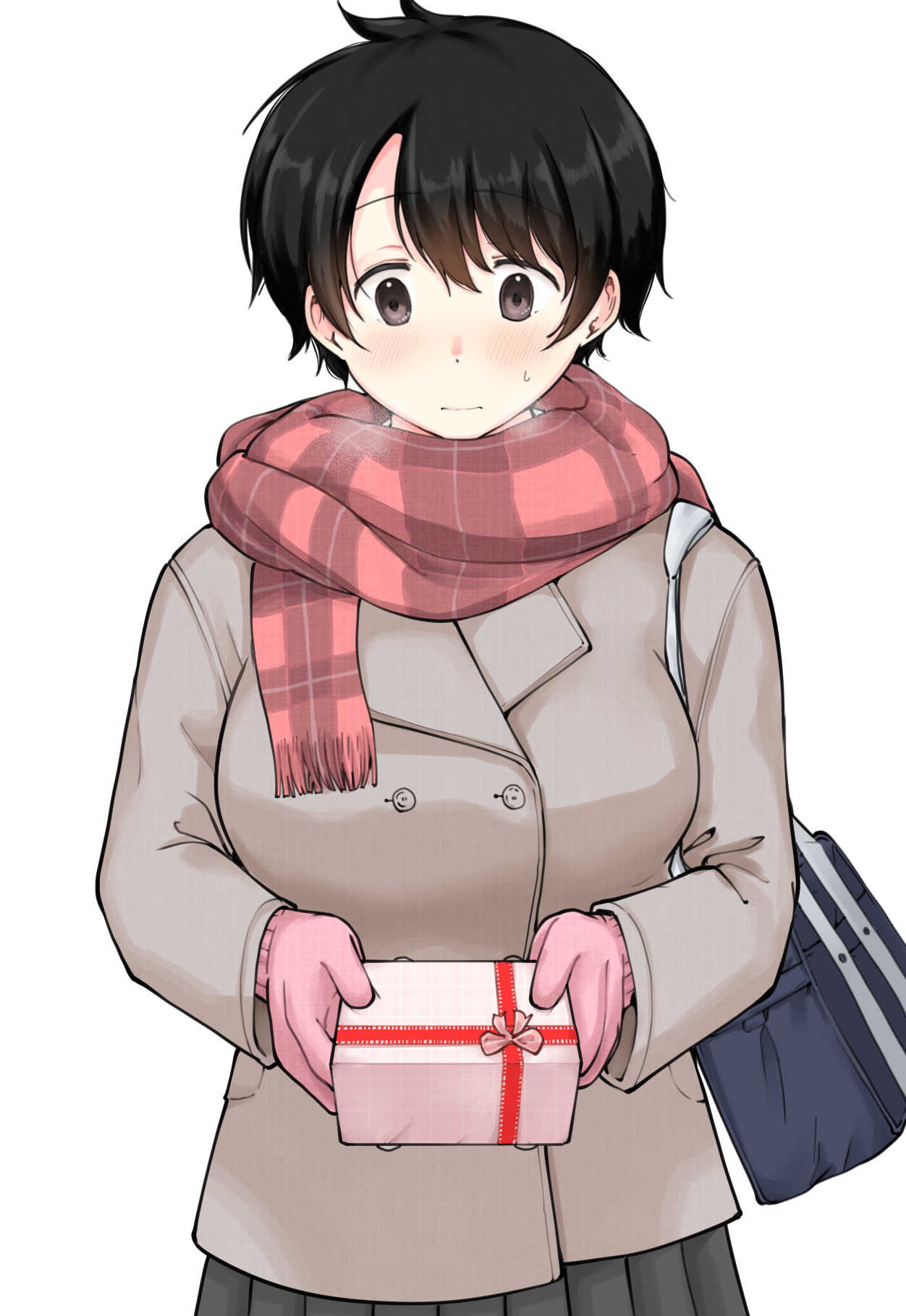1girl bag black_hair black_skirt breasts brown_coat brown_eyes buttons closed_mouth coat commentary_request cowboy_shot double-breasted gift gloves highres holding holding_gift large_breasts light_blush meika-san_wa_oshikorosenai oka_miyako pink_gloves plaid_clothes plaid_scarf pleated_skirt red_scarf saitou_shouki scarf school_bag short_hair simple_background skirt solo sweat white_background