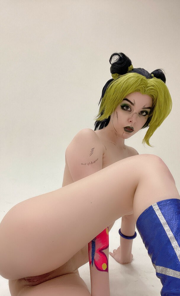 1girl breasts cosplay green_hair hair_buns helly_von_valentine_(disharmonica) jojo_no_kimyou_na_bouken kujo_jolyne_(cosplay) kuujou_jolyne legs_up medium_breasts nipples photo_(medium) pussy real_life solo tattoo uncensored