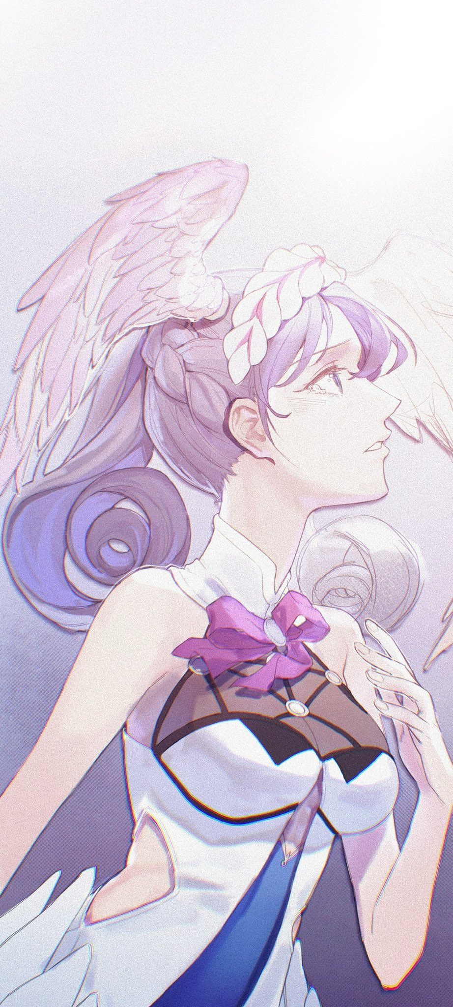 1girl breasts commentary curly_hair cyta_celest dress english_commentary gradient_hair grey_background grey_hair head_wings highres long_hair looking_up medium_breasts melia_antiqua multicolored_hair parted_lips solo tearing_up white_background white_dress wings xenoblade_chronicles_(series) xenoblade_chronicles_1