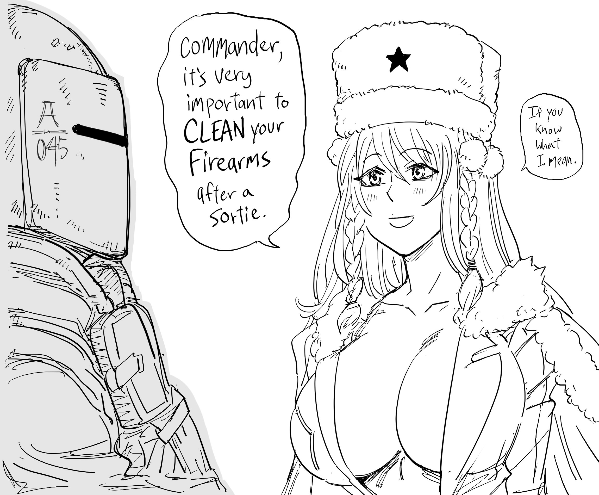 1boy 1girl ballistic_face_mask ballistic_face_shield ballistic_helmet bb_(baalbuddy) braid breasts cleavage dp28_(girls'_frontline) english_text girls'_frontline greyscale hair_between_eyes hat helmet highres large_breasts long_hair maska monochrome rainbow_six_siege speech_bubble tachanka_(rainbow_six_siege) upper_body visor visor_(armor) white_background