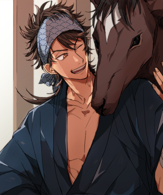 1boy 5_(femfamme) animal bandaged_arm bandages bandana brown_eyes brown_hair collarbone commentary_request hand_on_another&#039;s_head horse japanese_clothes kimono long_hair male_focus mutsu-no-kami_yoshiyuki one_eye_closed open_clothes open_mouth ponytail seigaiha smile solo touken_ranbu unmoving_pattern upper_body yukata
