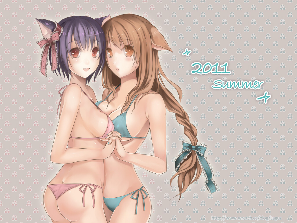 10s 2011 2girls animal_ears ass asymmetrical_docking bad_id bad_pixiv_id bikini black_hair braid breast_press breasts brown_eyes brown_hair butt_crack cat_ears holding_hands interlocked_fingers laguz long_hair multiple_girls original short_hair side-tie_bikini_bottom sideboob source_request swimsuit symmetrical_docking thong_bikini