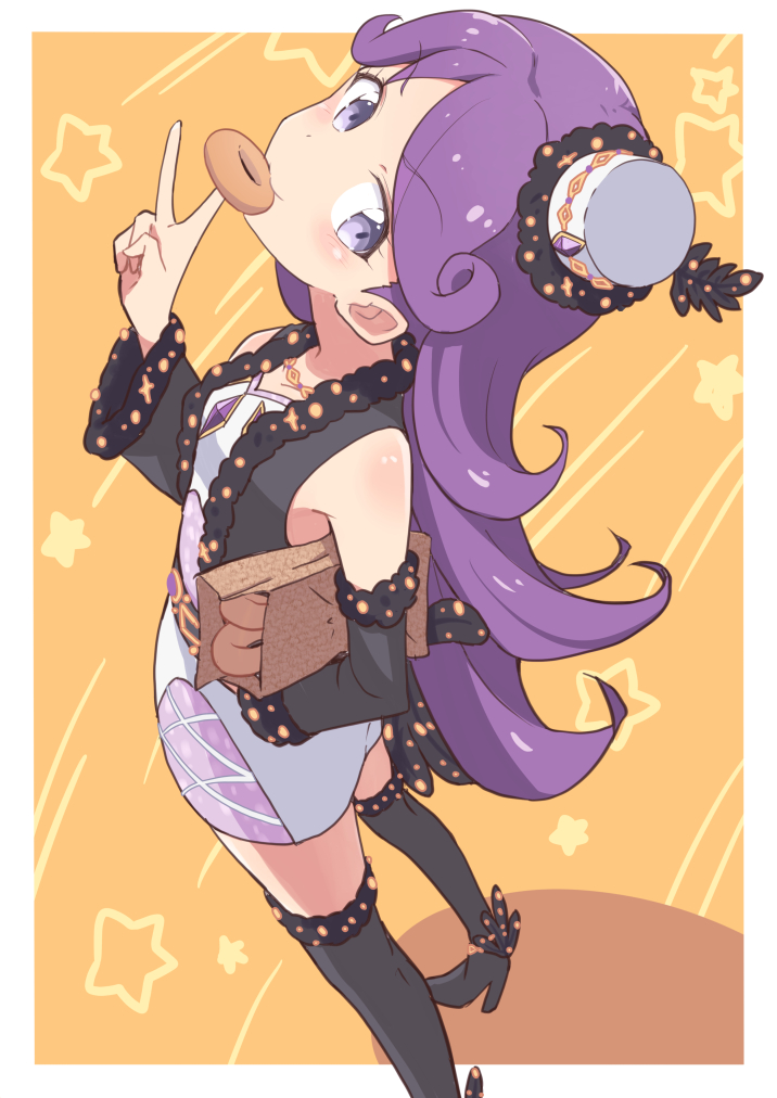 1girl bag black_boots black_jacket blue_eyes boots border cbgb detached_sleeves donut dress flipped_hair food food_in_mouth from_above hand_up hat high_heel_boots high_heels holding holding_bag idol_clothes jacket kiratto_pri_chan long_hair looking_at_viewer looking_up mini_hat mouth_hold outside_border paper_bag pretty_series purple_hair shido_mel solo standing star_(symbol) v white_border yellow_background