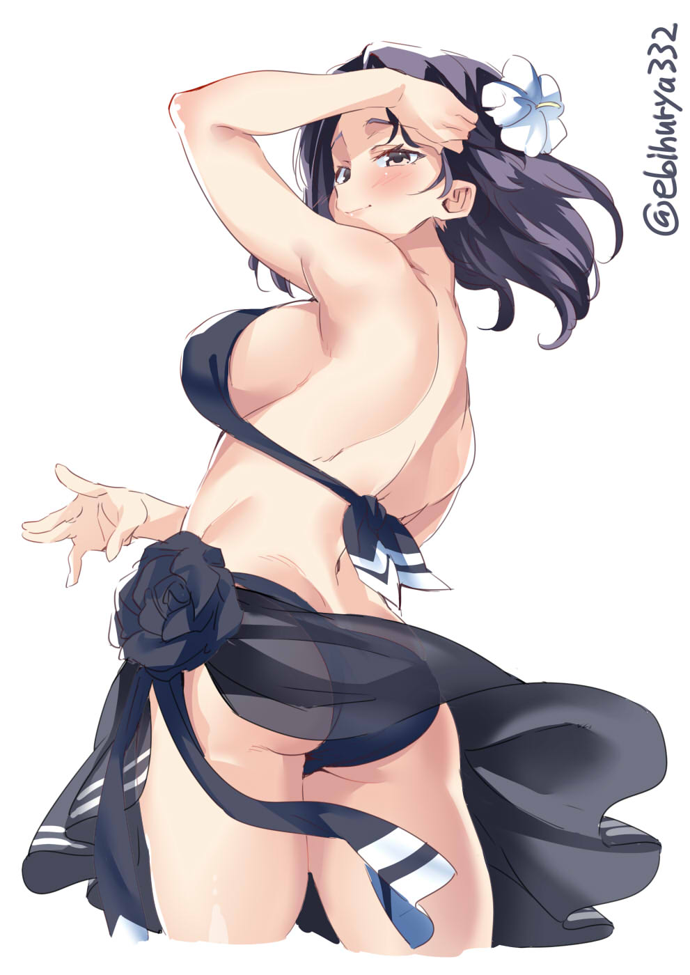 1girl adjusting_hair ass back bikini blush breasts brown_eyes closed_mouth commentary_request ebifurya female_focus flower from_behind hair_flower hair_ornament highres kantai_collection large_breasts looking_at_viewer medium_hair purple_hair sarong sideboob simple_background smile solo swimsuit tatsuta_(kancolle) tatsuta_(swimsuit)_(kancolle) twitter_username white_background