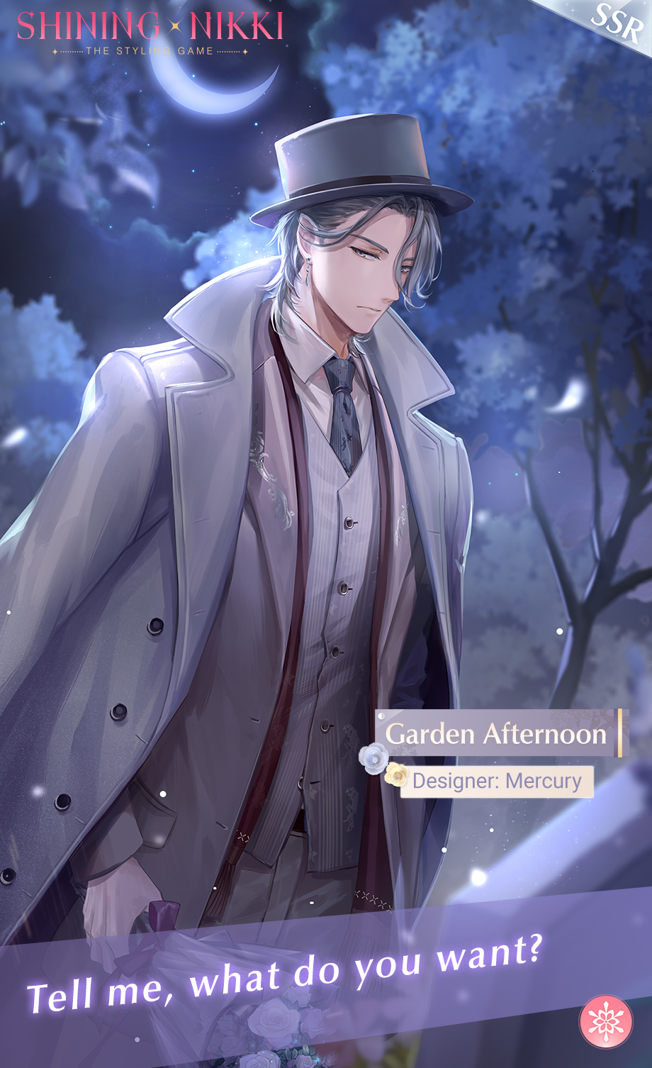 1boy artist_request black_necktie bouquet buttons character_name closed_mouth coat coat_on_shoulders collared_coat collared_jacket collared_shirt commentary copyright_name cowboy_shot crescent_moon dress_pants earrings elf english_commentary english_text expressionless eyes_visible_through_hair flower formal_clothes graveyard grey_coat grey_eyes grey_hair grey_hat grey_jacket grey_pants grey_suit grey_vest hair_over_one_eye hat highres holding holding_bouquet jacket jewelry lapels layered_sleeves light_frown light_particles logo long_sleeves looking_at_viewer male_focus mercury_(shining_nikki) moon necktie night night_sky nikki_(series) notched_lapels official_art open_clothes open_jacket outdoors pants petals pinstripe_pattern pinstripe_vest pocket pointy_ears pointy_nose rose second-party_source shining_nikki shirt short_hair sky solo suit tombstone top_hat tree vest white_flower white_rose white_shirt