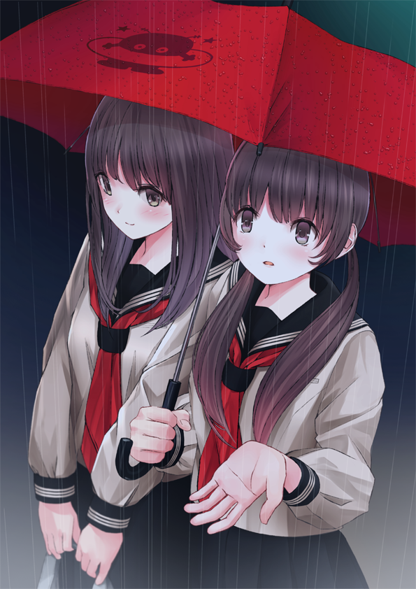 2girls bad_id bad_pixiv_id brown_eyes brown_hair chikuwa_(glossymmmk) chikuwa_(odennabe) dress long_hair multiple_girls rain sailor_dress scarf school_uniform serafuku twintails umbrella