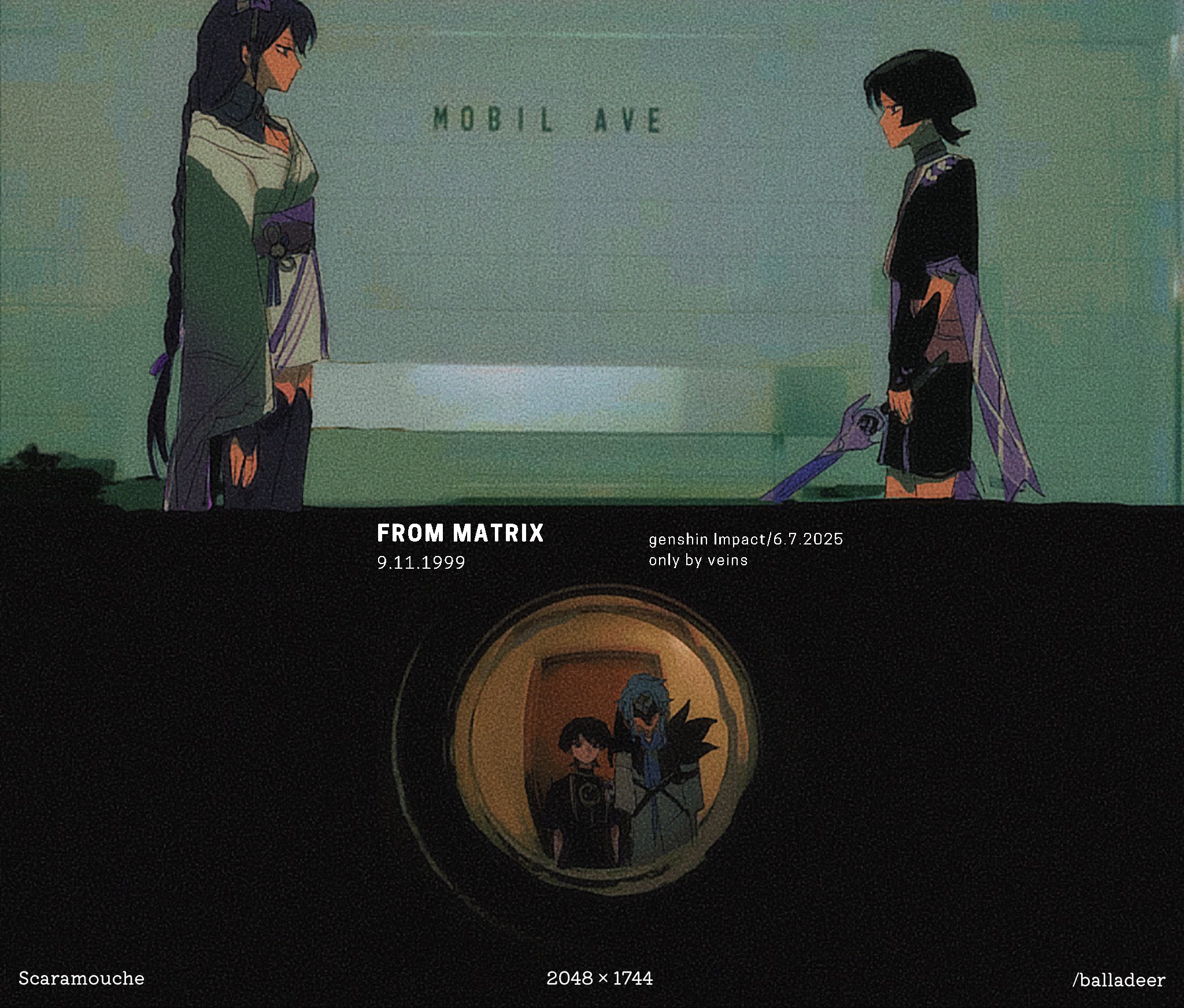 1girl 2boys alternate_skin_color arm_at_side ascot black_eyes black_hair black_kimono black_mask black_shorts black_shrug black_sleeves black_thighhighs blue_ascot blue_hair blunt_ends character_name chinese_knot coat copyright_name dark-skinned_female dark-skinned_male dark_skin dottore_(genshin_impact) eye_mask fake_date feather-trimmed_coat film_grain flower frilled_sleeves frills furisode genshin_impact hair_flower hair_ornament hair_tie heavy_film_grain highres holding holding_sword holding_weapon japanese_clothes juban kimono kimono_skirt layered_sleeves long_hair long_sleeves looking_at_another looking_at_viewer low-braided_long_hair low-tied_long_hair mother_and_son multiple_boys musou_isshin_(genshin_impact) obi onlybyveins parody_request pov_peephole purple_flower purple_rope purple_sash purple_sleeves raiden_shogun red_kimono red_sash rope sash scaramouche_(genshin_impact) shimenawa short_sleeves shorts shrug_(clothing) sidelocks skirt sword tassel tassel_hair_ornament thighhighs weapon white_coat white_kimono white_rope white_skirt