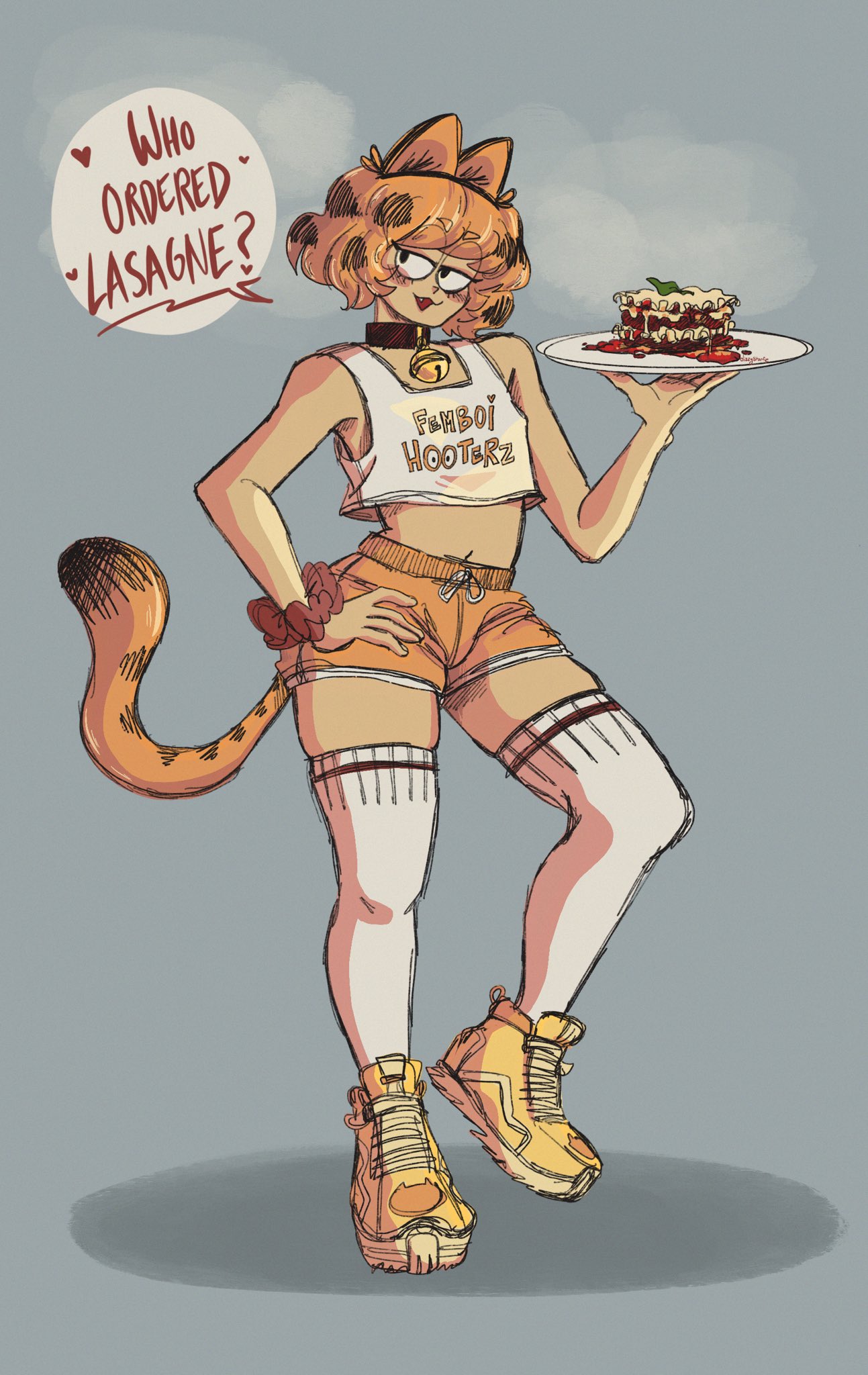 1boy :d animal_ears artist_name bare_arms bare_shoulders bell blush cat_boy cat_ears cat_tail clothes_writing crop_top dizzy_starfie drawstring english_text fang femboy_hooters_(meme) food garfield garfield_(character) grey_background half-closed_eyes hand_on_own_hip hand_up high_tops highres holding holding_plate hooters humanization lasagne looking_at_viewer medium_hair meme midriff multicolored_hair navel neck_bell open_mouth orange_hair orange_shoes orange_shorts plate scrunchie shirt shoes short_hair short_shorts shorts signature simple_background skindentation sleeveless sleeveless_shirt smile sneakers solo speech_bubble standing tail talking tank_top thighhighs trap two-tone_hair white_shirt white_thighhighs wrist_scrunchie