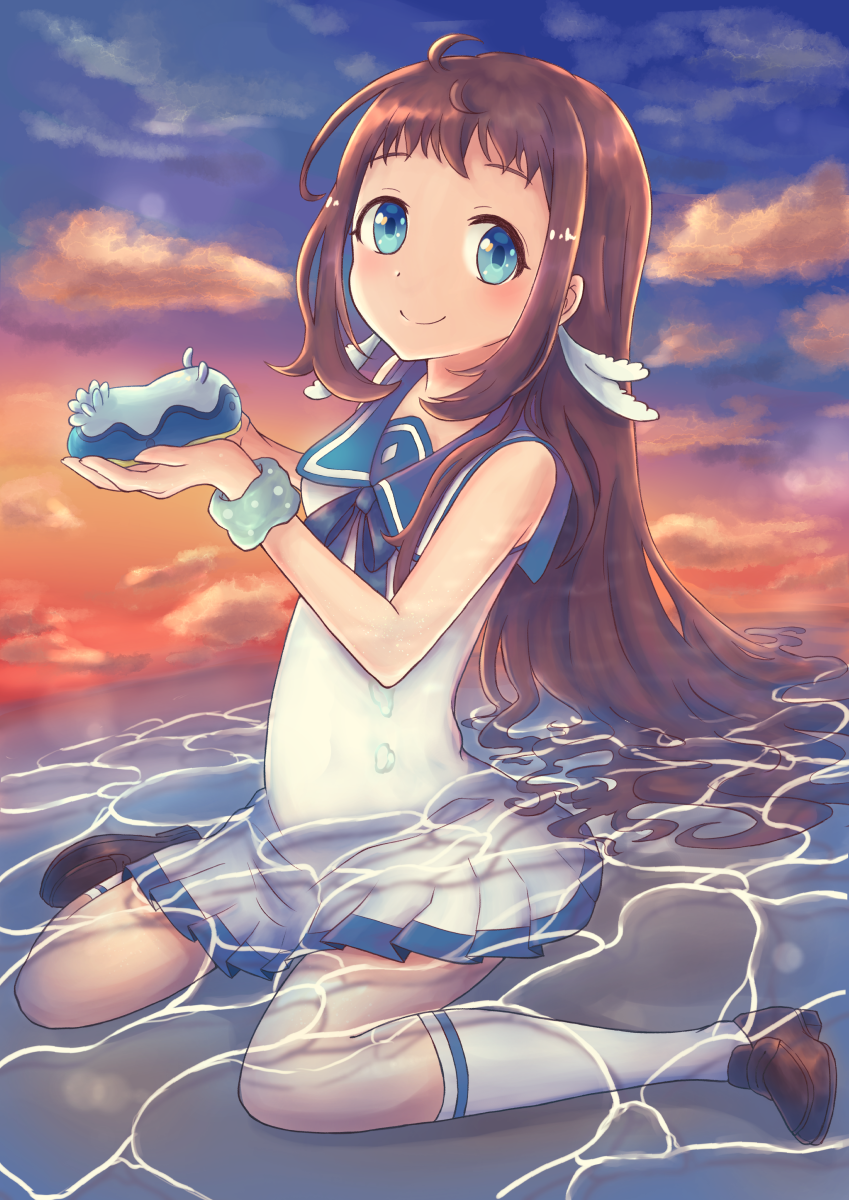 1girl black_shoes blue_eyes blue_sailor_collar brown_hair commentary_request dress highres kneehighs loafers long_hair looking_at_viewer luna_mokamoka mukaido_manaka nagi_no_asukara nami_junior_high_school_uniform ocean sailor_collar sailor_dress school_uniform sea_slug serafuku shoes sitting sleeveless sleeveless_dress socks solo sunset wariza water white_dress white_socks