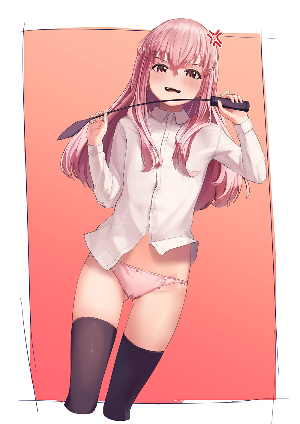 1girl anger_vein angry black_thighhighs blush border brown_eyes collared_shirt commentary cropped_legs gluteal_fold hands_up highres holding holding_riding_crop long_hair long_sleeves looking_at_viewer louise_francoise_le_blanc_de_la_valliere open_mouth orange_background outside_border panties pentagram pink_hair pink_panties riding_crop rurikon shirt skindentation solo thighhighs underwear variant_set white_border white_shirt zero_no_tsukaima zettai_ryouiki