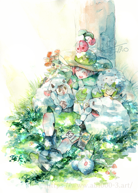 1boy bellossom black_footwear boots cherubi closed_eyes commentary_request eldegoss gen_1_pokemon gen_2_pokemon gen_4_pokemon gen_8_pokemon green_pants green_scarf hat in_tree milo_(pokemon) nintendo oddish on_grass open_mouth orange_hair painting_(medium) pants pokemon pokemon_(creature) pokemon_swsh qian_(monyonyo1000) scarf shirt signature sitting sitting_in_tree smile sun_hat traditional_media tree tree_shade watercolor_(medium) white_shirt wooloo