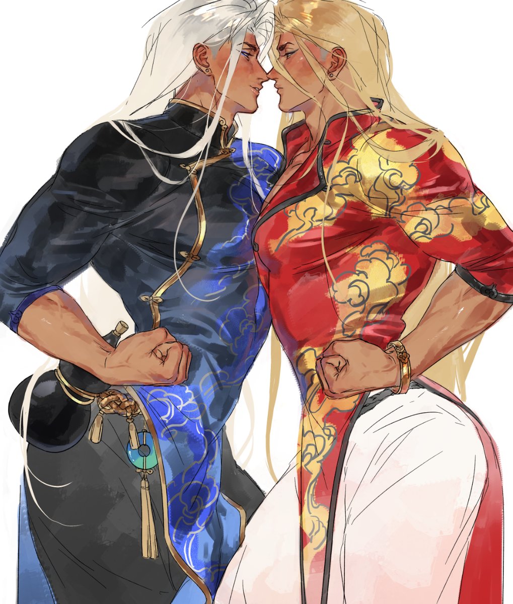 2boys belt black_eyes black_pants black_trim blonde_hair chinese_commentary clenched_hand commentary_request covered_pectorals dark-skinned_male dark_skin dual_persona earrings eye_contact gold_trim gourd hair_down highres jamie_siu jewelry krkrkrbkkkkkkk long_hair looking_at_another male_focus multiple_boys official_alternate_costume official_alternate_hair_color pants parted_lips pectorals piercing profile rope_belt short_sleeves simple_background street_fighter street_fighter_6 stud_earrings tassel veins veiny_arms very_long_hair white_background white_hair white_pants xiangyun