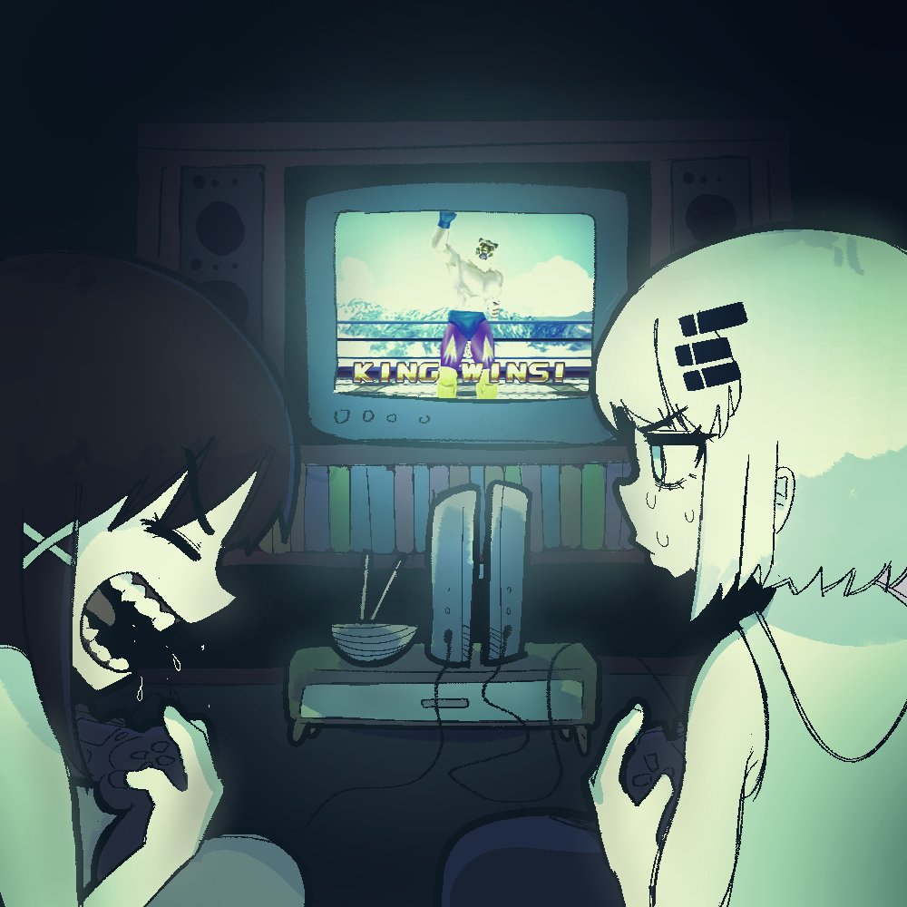 1boy 2girls bags_under_eyes bare_shoulders bowl braid brown_hair chopsticks closed_eyes commentary concentrating controller crt dark_room dualshock english_commentary english_text fooyepont from_behind game_console game_controller game_screenshot_inset gamepad hair_ornament hairclip holding holding_controller indoors iwakura_lain jaggy_lines king_(tekken) looking_at_object looking_at_screen luchador_mask marie_(peripeteia) mask multiple_girls peripeteia playing_games playstation_controller rice_bowl saliva screen_light serial_experiments_lain short_hair shouting single_braid sitting sweat tank_top tekken tekken_3 topless_male video_game white_hair