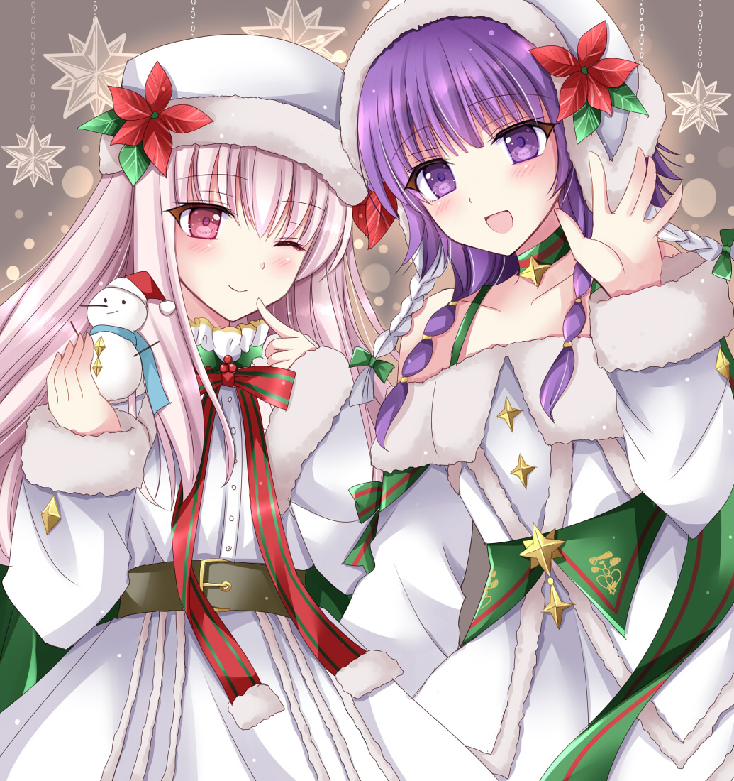 2girls :d ;) bare_shoulders blush bow braid collarbone dress fire_emblem fire_emblem:_the_sacred_stones fire_emblem:_three_houses fire_emblem_heroes flower fur_trim hand_up kirishima_riona long_hair long_sleeves low_twintails lute_(fire_emblem) lute_(winter)_(fire_emblem) lysithea_von_ordelia lysithea_von_ordelia_(winter) multiple_girls nintendo official_alternate_costume one_eye_closed open_mouth pink_eyes purple_eyes purple_hair red_flower smile snowman twin_braids twintails upper_body white_dress white_hair