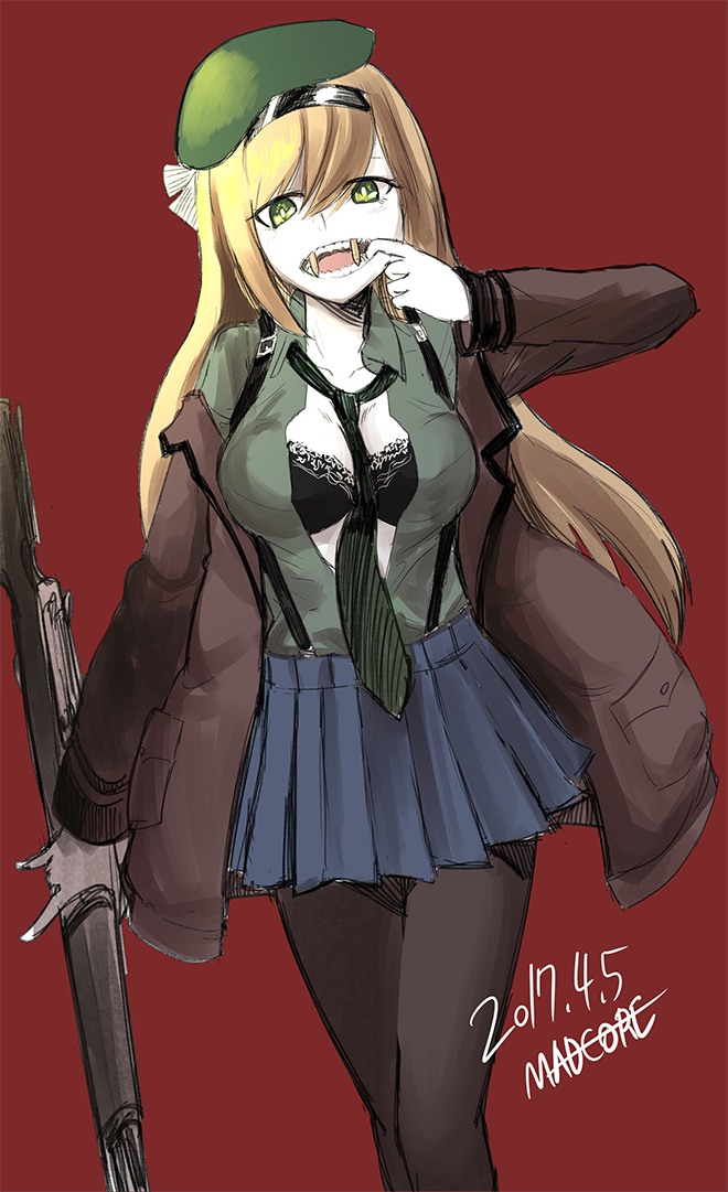 1girl artist_name beret black_bra black_hairband blonde_hair blue_skirt bra breasts brown_jacket brown_pantyhose bullet clip_studio_paint_(medium) commentary dated fake_teeth girls&#039;_frontline green_eyes green_headwear green_necktie green_shirt gun hair_between_eyes hairband hat holding holding_gun holding_weapon jacket korean_commentary lace lace-trimmed_bra lace_trim large_breasts long_hair looking_at_viewer m1_garand m1_garand_(girls&#039;_frontline) madcore mouth_pull necktie open_clothes open_mouth open_shirt pantyhose red_background rifle shirt skirt solo suspender_skirt suspenders teeth underwear weapon