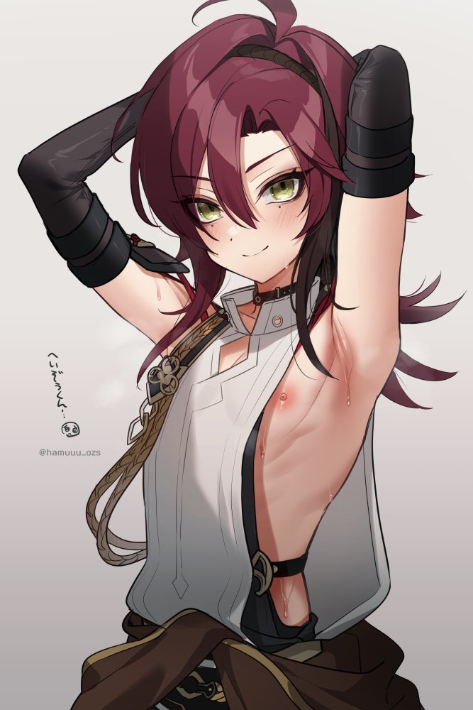 1boy arm_up armor armpits bare_arms bare_shoulders choker closed_mouth collar genshin_impact green_eyes haruya_(lajoon) japanese_armor kote kurokote long_hair male_focus mole mole_under_eye nipples red_hair shikanoin_heizou sleeveless smile sweat twitter_username
