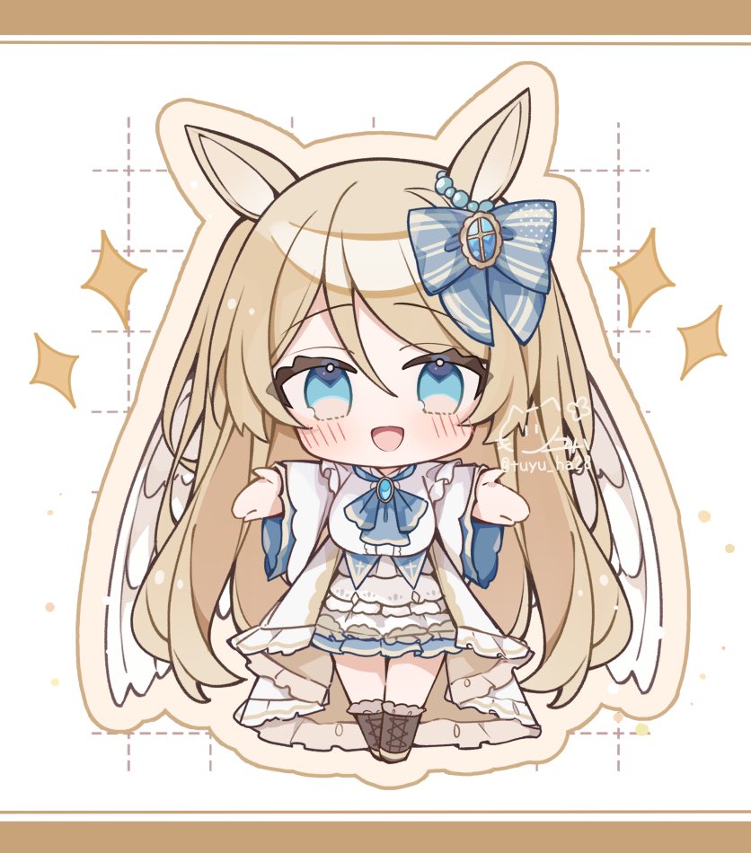 1girl :d animal_ears ascot blue_ascot blue_eyes blush boots borrowed_character bow brown_boots chibi chibi_only commentary_request commission dress full_body hair_between_eyes hair_bow horse_ears lace-up_boots letterboxed long_hair long_sleeves looking_at_viewer open_mouth original outstretched_arms ringouulu skeb_commission smile solo sparkle standing twitter_username very_long_hair white_background white_dress wide_sleeves
