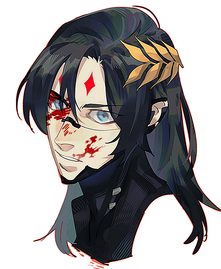 1girl android black_hair blood blood_on_face blood_splatter blue_eyes facial_mark falke_(signalis) forehead_mark hair_ornament long_hair robot_girl signalis simple_background uchu_keito upper_body white_background