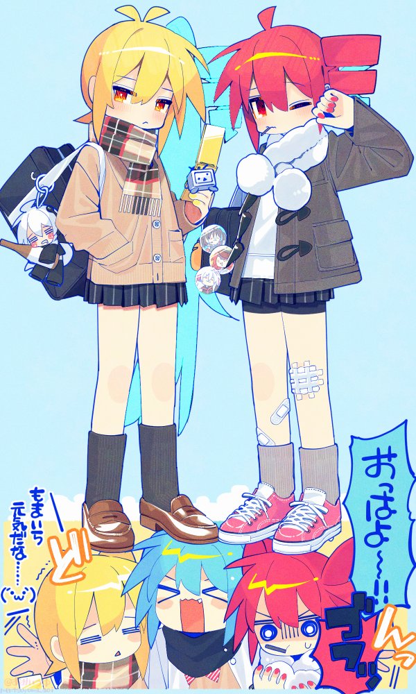 &gt;_&lt; 3girls =_= ahoge akita_neru antenna_hair aoi_tsuyu backpack bag bandaid bandaid_on_leg black_scarf black_socks blue_hair blush brown_coat brown_scarf brown_socks closed_eyes closed_mouth coat double-parted_bangs drill_hair eating fang feet gauze gauze_on_leg hair_between_eyes hatsune_miku kasane_teto kneehighs miniskirt mouth_hold multiple_girls namine_ritsu niconico open_mouth pleated_skirt red_eyes red_hair scarf shirt shoulder_bag skirt socks speech_bubble striped_clothes striped_shirt sukone_tei terebi-chan triple_baka_(vocaloid) twin_drills utau vocaloid white_coat white_scarf winter_clothes winter_coat yokune_ruko yowane_haku