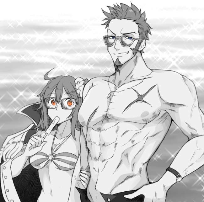 1boy 1girl abs bikini blue_eyes breasts coat coat_on_shoulders commentary cross_scar epaulettes facial_hair facial_scar fate/grand_order fate_(series) food fujimaru_ritsuka_(female) fujimaru_ritsuka_(female)_(brilliant_summer) goatee greyscale hair_ornament hair_scrunchie holding holding_food holding_popsicle jewelry long_sideburns medium_breasts monochrome muscular muscular_male napoleon_bonaparte_(fate) necklace o-ring o-ring_bikini one_side_up open_fly orange_eyes pectorals popsicle scar scar_on_cheek scar_on_face scrunchie sideburns smile sparkle spot_color striped_bikini striped_clothes sunglasses swimsuit symbol-only_commentary topless_male uni_(unnny) veins veiny_arms watch wristwatch
