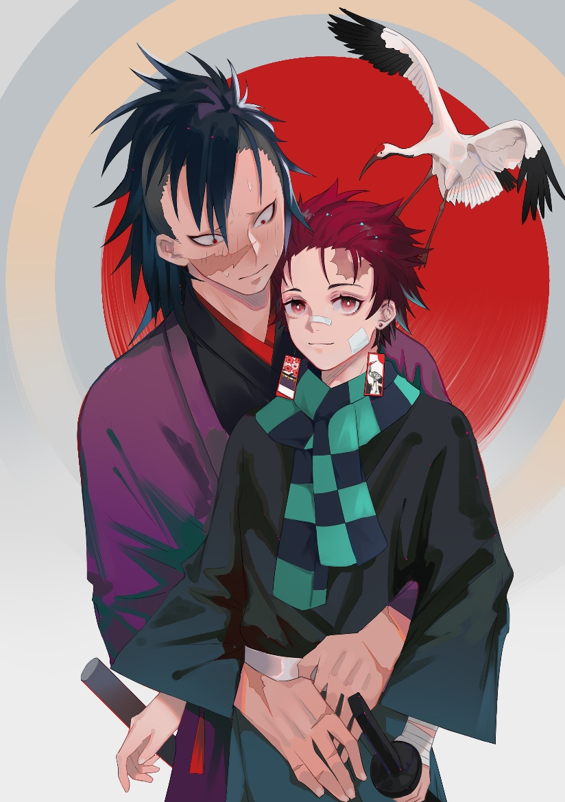 2boys bird black_hair blush brown_hair checkered_clothes checkered_scarf closed_mouth crane_(animal) doufujintianxianle earrings eyelashes height_difference hug hug_from_behind jewelry kamado_tanjirou kimetsu_no_yaiba male_focus multiple_boys red_eyes red_sun scarf shinazugawa_genya undercut yaoi