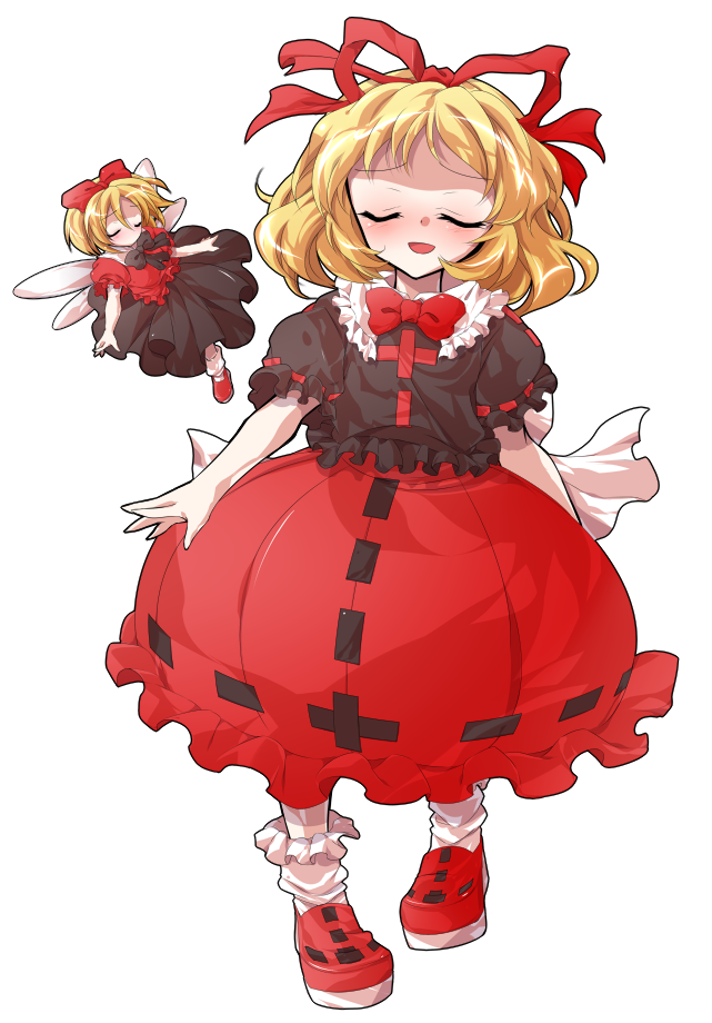 2girls alphes_(style) back_bow black_shirt black_skirt blonde_hair blush bow bowtie closed_eyes collared_shirt commentary_request contrast_collar dairi fairy_wings frilled_shirt_collar frilled_socks frills full_body hair_ribbon large_variant_set long_skirt medicine_melancholy medium_hair multiple_girls open_mouth parody puffy_short_sleeves puffy_sleeves red_bow red_bowtie red_ribbon red_shirt red_shoes red_skirt ribbon ribbon-trimmed_skirt ribbon_trim shirt shoes short_sleeves skirt smile socks style_parody su-san tachi-e touhou transparent_background variant_set white_bow white_socks wings
