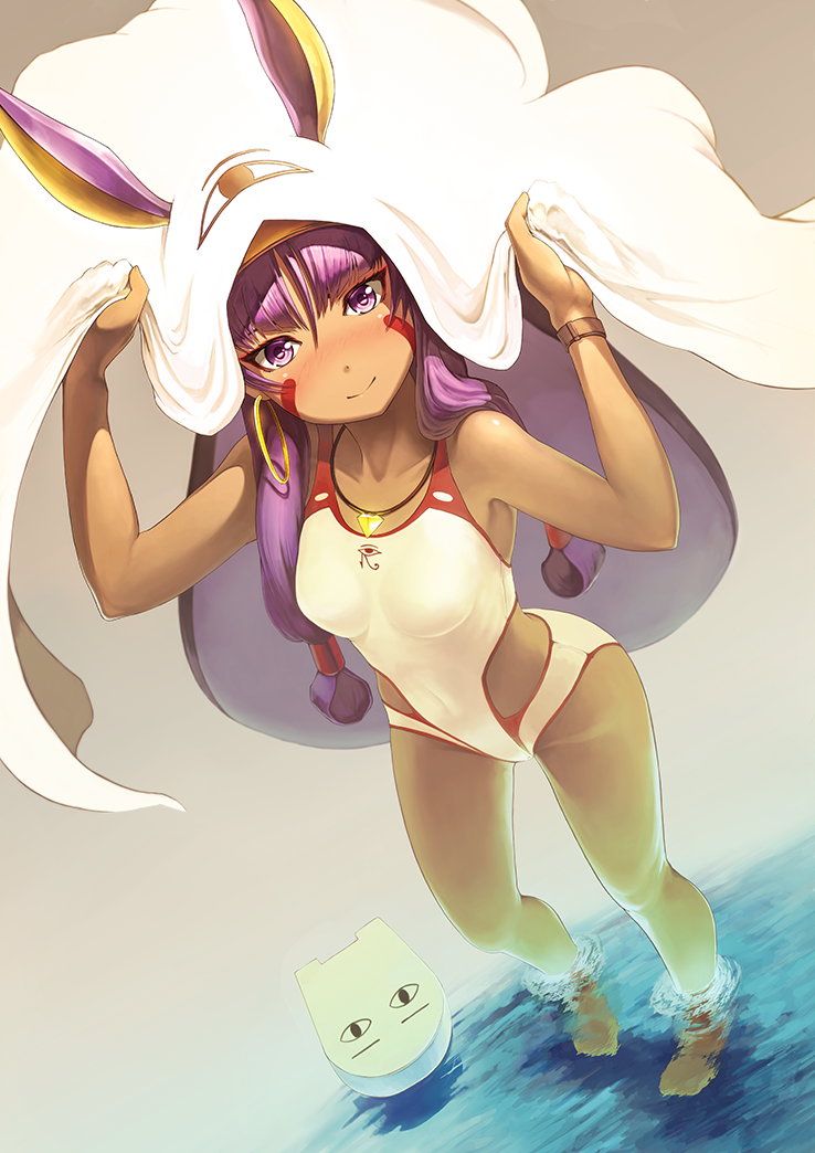 1girl animal_ears arms_up bare_arms bare_shoulders blush breasts brown_background casual_one-piece_swimsuit closed_mouth collarbone commentary_request cosplay dark-skinned_female dark_skin dutch_angle facial_mark fate/grand_order fate_(series) female_focus hair_between_eyes jackal_ears jewelry kickboard long_hair looking_at_viewer medium_breasts medjed_(fate) medjed_(fate)_(cosplay) nitocris_(fate) nitocris_(fate/grand_order) nitocris_(swimsuit_assassin)_(fate) nitocris_(swimsuit_assassin)_(second_ascension)_(fate) nose_blush one-piece_swimsuit pendant pixiv_fate/grand_order_contest_2 purple_eyes purple_hair revision smile solo standing swimsuit very_long_hair wading water white_one-piece_swimsuit yoka1chi