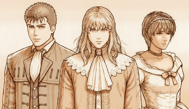 1girl 2boys ascot berserk casca_(berserk) choker dress expressionless formal_clothes fuji_(d38635s10) greyscale griffith_(berserk) guts_(berserk) hairband jacket long_hair monochrome multiple_boys sepia short_hair