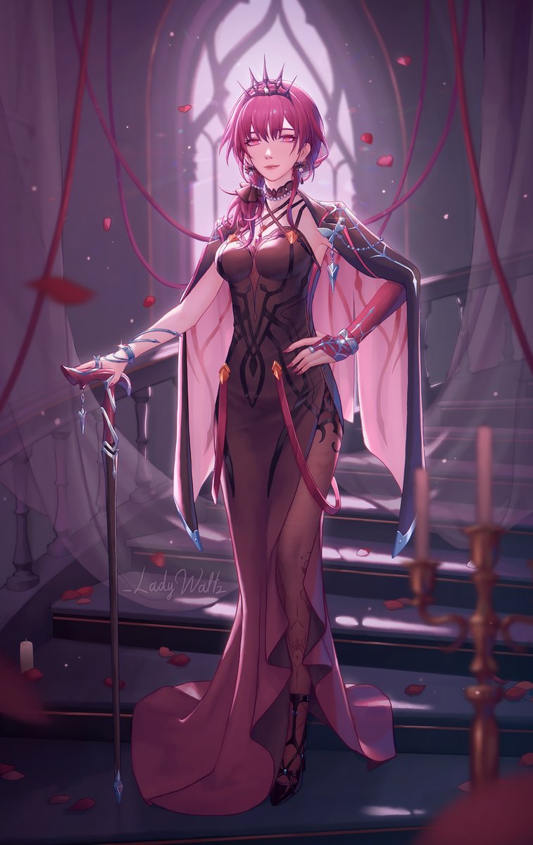 1girl alternate_costume artist_name black_dress black_footwear black_jacket black_pantyhose black_tiara breasts bridal_gauntlets bug candle candlestand cane detached_collar dress earrings full_body gem hair_ornament hand_on_own_hip highres holding holding_cane honkai:_star_rail honkai_(series) indoors jacket jewelry kafka_(dinner_party)_(honkai:_star_rail) kafka_(honkai:_star_rail) ladywaltz looking_at_viewer medium_breasts nail_polish necklace open_clothes open_jacket pantyhose petals pink_lips pink_nails purple_eyes purple_hair single_bridal_gauntlet solo spider stairs standing tiara