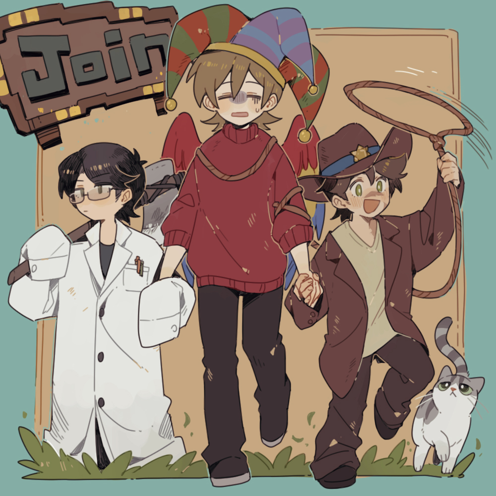 3boys aged_down animification axe babysitter bird_boy bird_wings black_hair black_pants black_shoes bound brown_coat brown_hair brown_pants brown_shoes cat child closed_eyes coat cowboy cowboy_hat cubfan135 english_text exhausted glasses goodtimeswithscar grey_cat grian_(youtuber) hat hermitcraft holding holding_axe holding_hands jellie_(hermitcraft) jester_cap lab_coat lasso luminous_slime male_focus minecraft_youtube multiple_boys open_clothes open_coat oversized_clothes pants parrot_boy red_sweater rope shoes short_hair sign sleeves_past_fingers sleeves_past_wrists sweatdrop sweater tied_up_(nonsexual) turtleneck turtleneck_sweater western white_coat wings