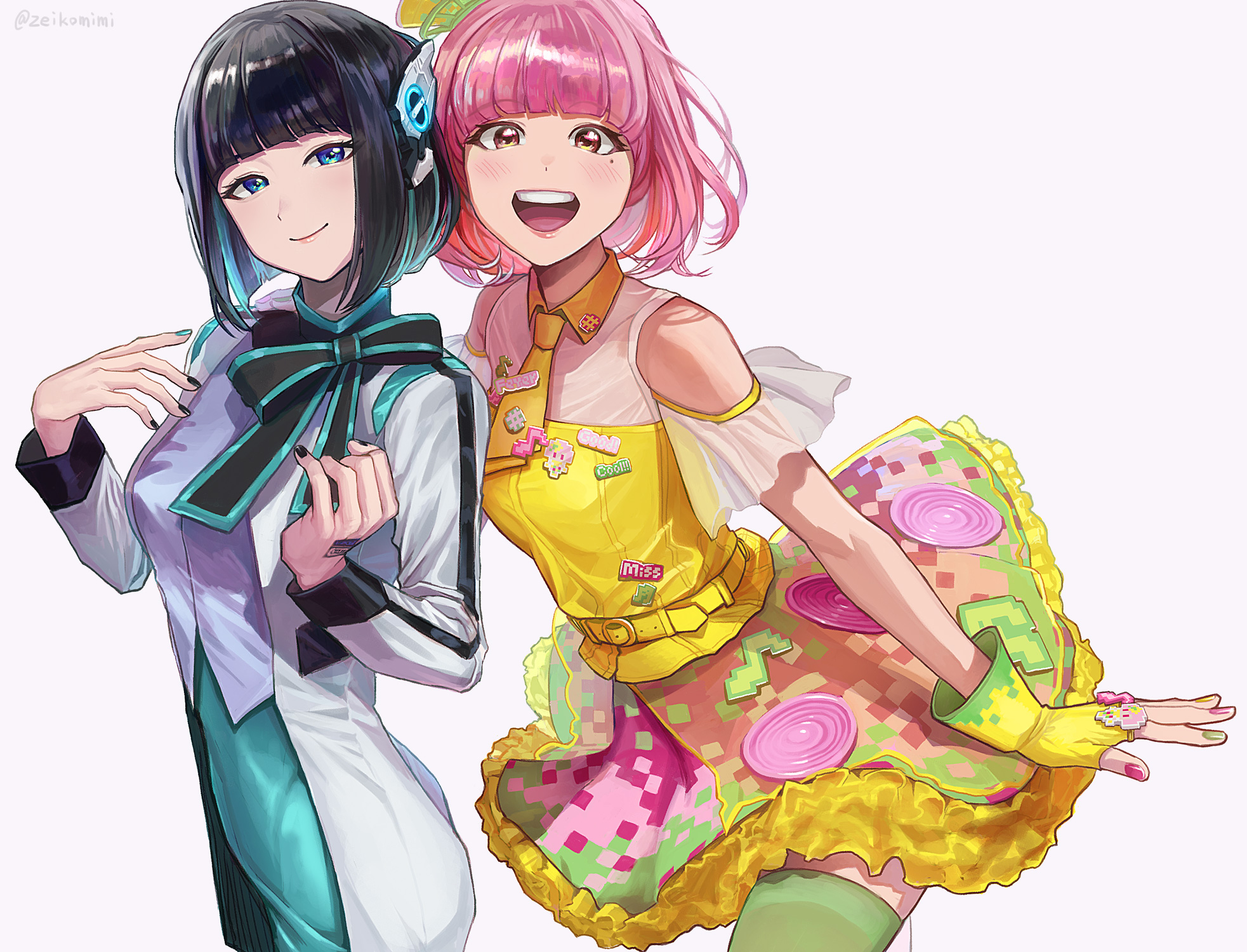 2girls :d aqua_hair bare_shoulders belt black_hair blue_eyes blunt_bangs blush bow breasts detached_sleeves english_text eyelashes fingerless_gloves frilled_skirt frills gloves green_legwear hat highres humagear_headphones is_(kamen_rider_01) jacket kamen_rider kamen_rider_01_(series) kamen_rider_ex-aid_(series) lips long_sleeves looking_at_viewer medium_breasts medium_hair mini_hat mole mole_under_eye multicolored_hair multicolored_nails multiple_girls nail_polish necktie open_mouth pink_eyes pink_hair poppi_pipopapo robot_ears simple_background skirt smile streaked_hair thighhighs two-tone_hair white_background white_jacket zeikomimi