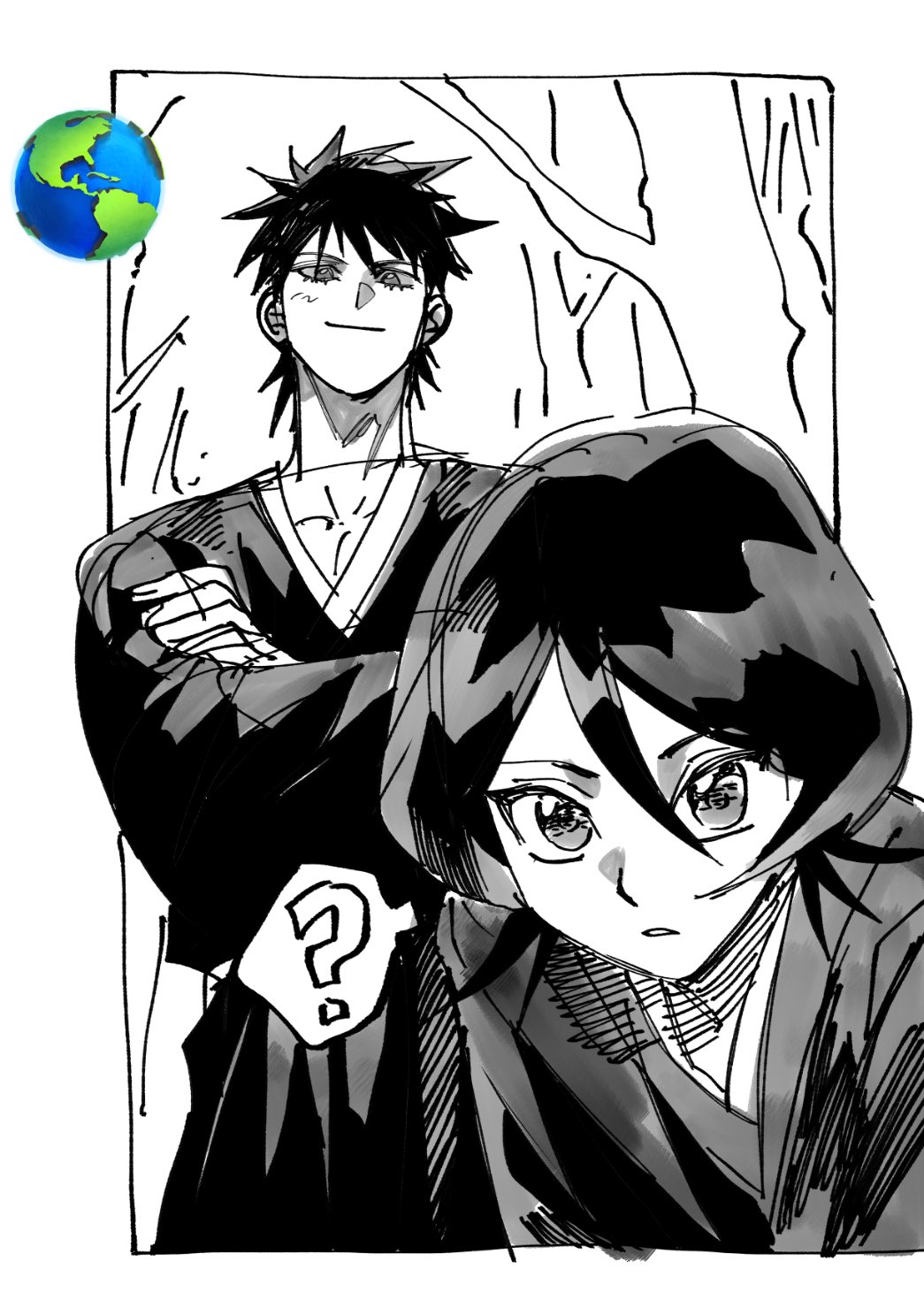1boy 1girl ? black_hair black_hakama bleach border crossed_arms emoji greyscale hair_between_eyes hakama highres japanese_clothes kuchiki_rukia light_blush long_sleeves medium_hair monochrome nul parted_lips shiba_kaien short_hair smile spiked_hair spoken_question_mark tree white_border wide_sleeves