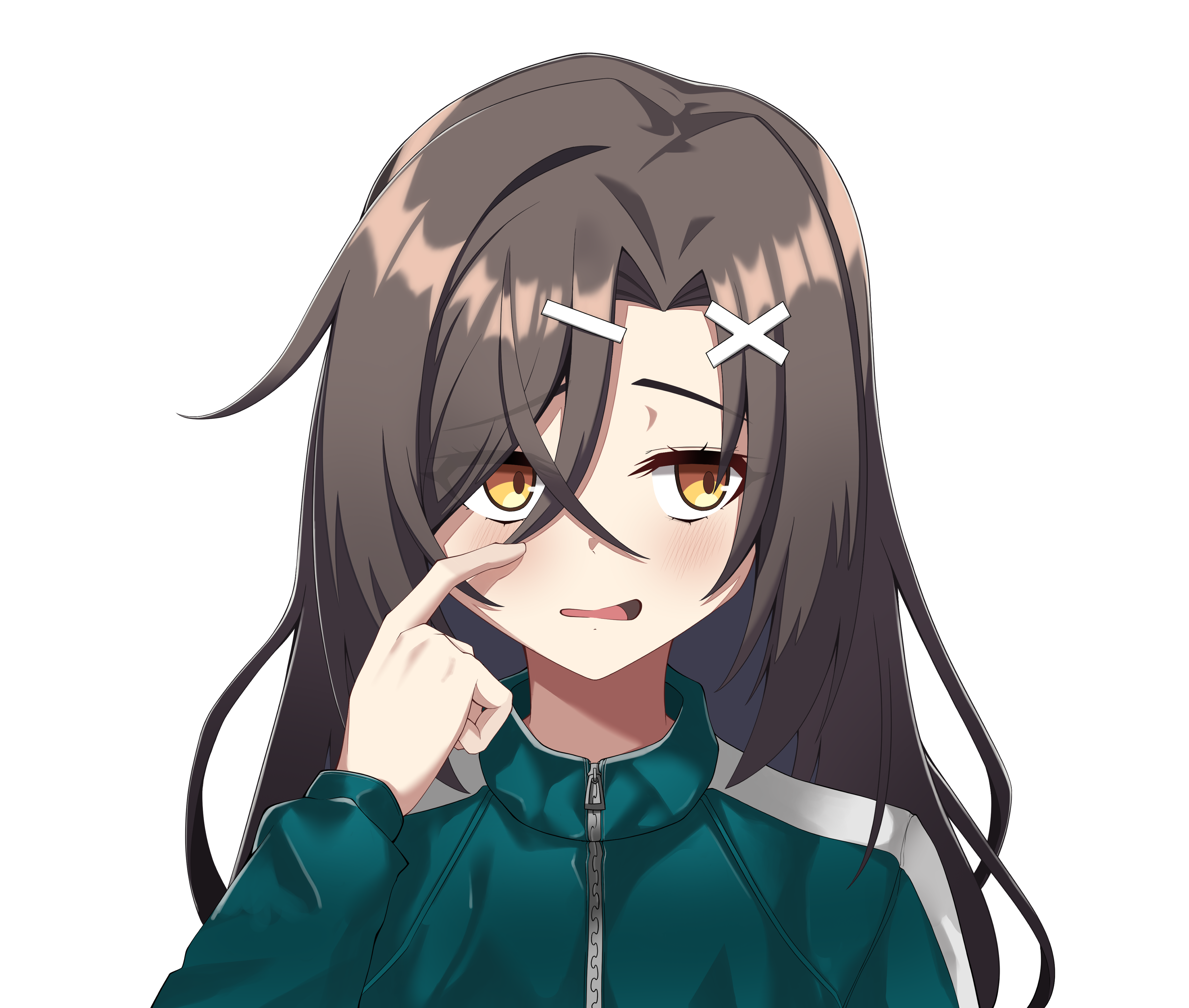 1girl absurdres alpha_transparency brown_eyes brown_hair christina_brecht commentary counter:side finger_to_cheek furrowed_brow green_track_suit hair_ornament hairclip highres long_hair looking_to_the_side parted_bangs portrait simple_background solo straight-on track_suit transparent_background upper_body wavy_mouth wbs x_hair_ornament