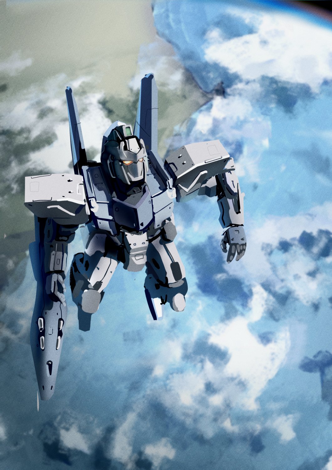 bad_id bad_twitter_id cloud delta_plus flying from_above glowing glowing_eyes gun gundam gundam_unicorn highres holding holding_gun holding_weapon kusami_toka_naku_au mecha no_humans open_hand orange_eyes realistic robot solo weapon