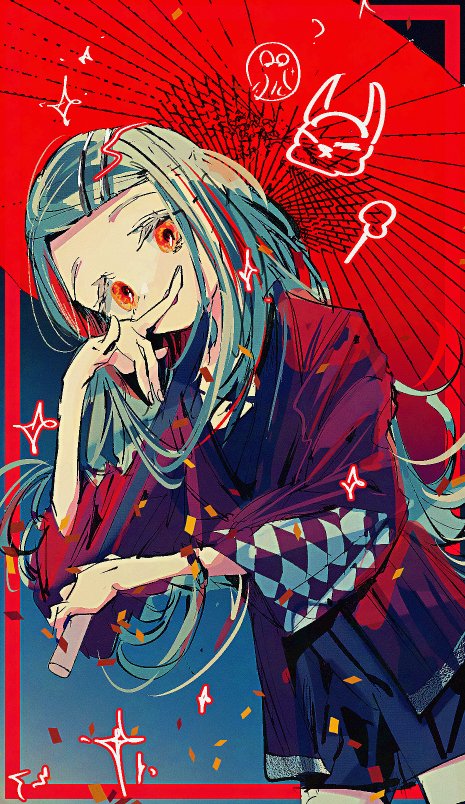 1girl argyle_clothes argyle_kimono blue_background blush colored_eyelashes confetti cowboy_shot dutch_angle flat_chest floating_hair gakuen_idolmaster gradient_background green_hair hair_ornament hairclip hand_up holding holding_umbrella idolmaster japanese_clothes kamurogiku_(idolmaster) kimono kimono_skirt long_hair long_sleeves looking_at_viewer nega oil-paper_umbrella orange_eyes red_kimono shinosawa_hiro solo sparkle standing umbrella wide_sleeves