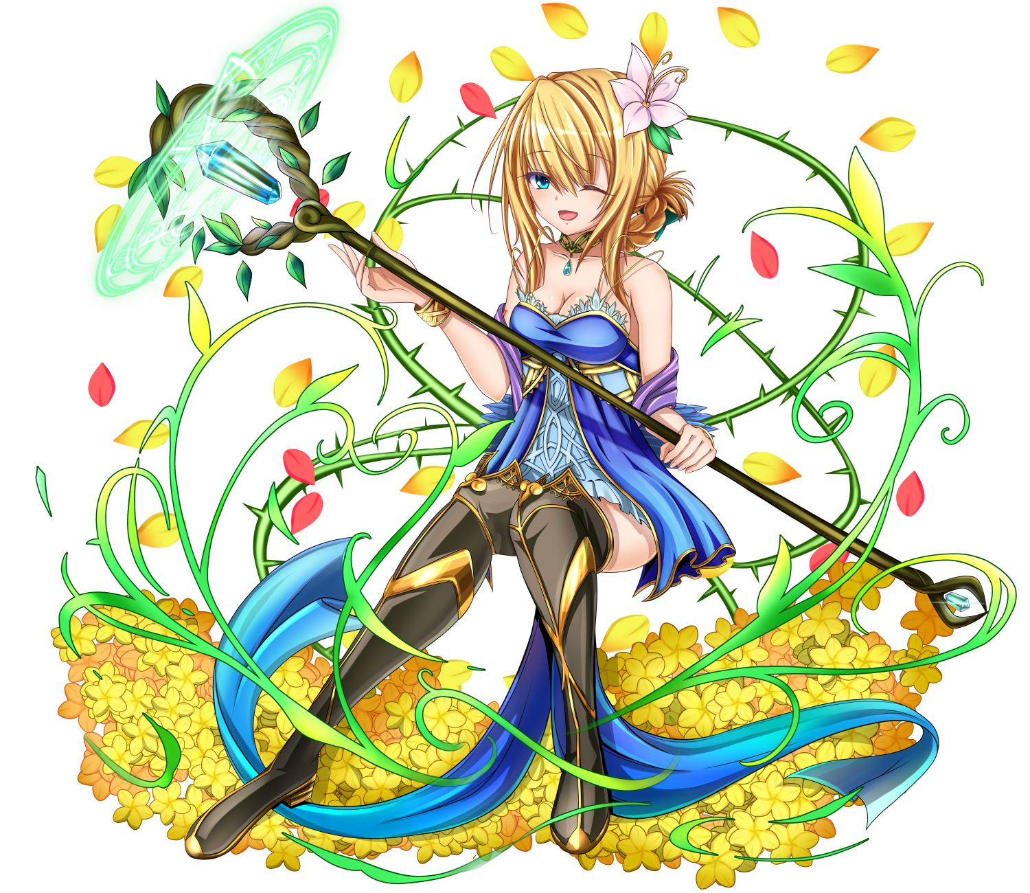 1girl aneten armored_legwear bare_shoulders blonde_hair blue_dress blue_eyes breasts cleavage dress emil_chronicle_online flower hair_flower hair_ornament highres holding holding_staff jewelry large_breasts le_fay_lore off-shoulder_dress off_shoulder one_eye_closed pendant staff thorns