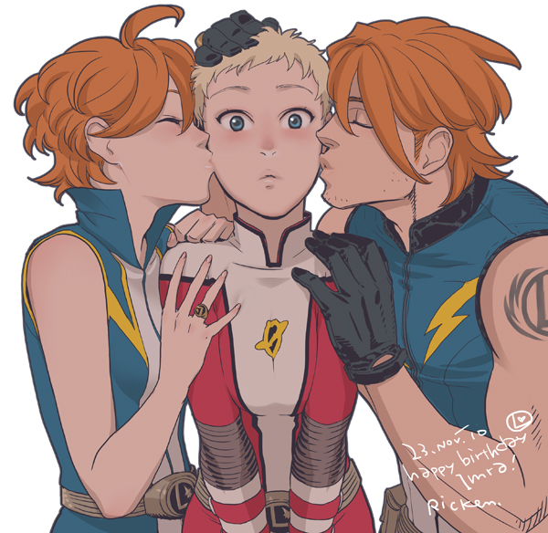1boy 2girls ahoge artist_name ayla_ranzz bisexual_female black_gloves blonde_hair blue_eyes bodysuit boy_and_girl_sandwich brother_and_sister closed_eyes dated dc_comics facial_hair garth_ranzz gloves imra_ardeen jewelry kiss kissing_cheek multiple_girls orange_hair ricken ring sandwiched saturn_girl short_hair siblings signature sleeveless stubble superhero_costume tattoo twins very_short_hair