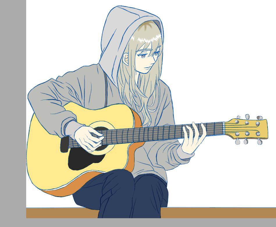 1girl acoustic_guitar blue_pants closed_mouth commentary girls_band_cry grey_eyes grey_hair grey_hoodie guitar holding holding_guitar holding_instrument hood hood_up hoodie instrument kawaragi_momoka long_hair long_sleeves momokan_1209 multicolored_hair pants playing_guitar playing_instrument roots_(hair) sidelocks sitting solo white_background