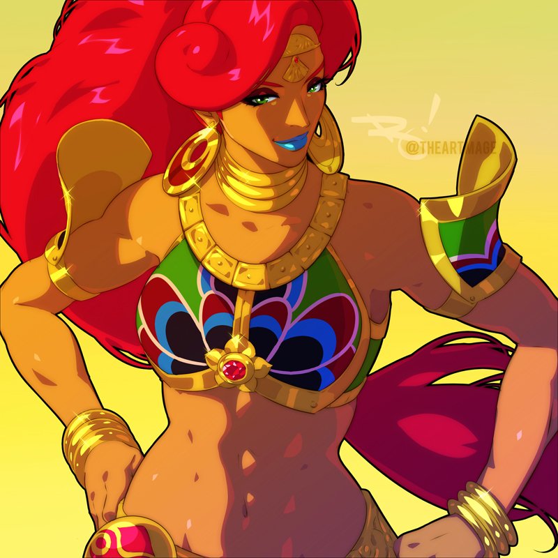 1girl abs armor bangle bare_shoulders blue_lips bracelet breasts circle circlet crop_top dark-skinned_female dark_skin earrings gerudo gold_bracelet gold_circlet green_eyes hands_on_own_hips hoop_earrings jewelry long_hair looking_at_viewer makeup medium_breasts midriff muscular muscular_female navel neck_ring nintendo red_hair shoulder_armor smile solo swept_bangs tan the_art_mage the_legend_of_zelda the_legend_of_zelda:_breath_of_the_wild twitter_username upper_body urbosa wide_ponytail yellow_background