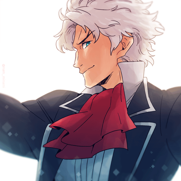 10s 1boy aqua_eyes arms_up classicaloid close-up ascot dramatica jacket looking_at_viewer ludwig_van_beethoven_(classicaloid) male_focus silver_hair smile solo upper_body