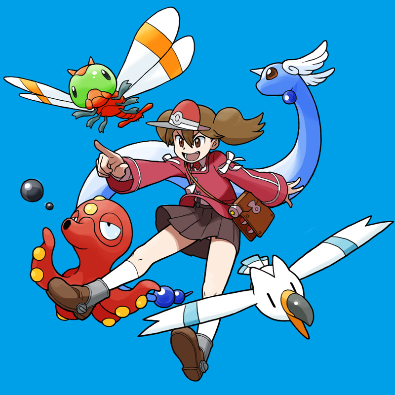 1girl bag blue_background crossover dragonair gen_1_pokemon gen_2_pokemon gen_3_pokemon kantai_collection nintendo noumiso octillery open_mouth parody pointing pokemon pokemon_(creature) ryuujou_(kancolle) satchel simple_background style_parody twintails visor_cap wingull yanma