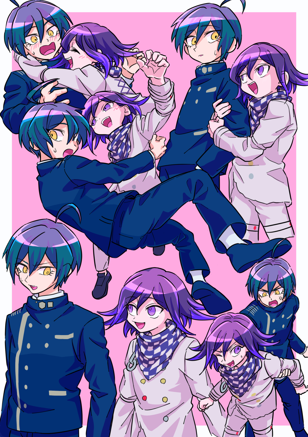 2boys 2gyks ahoge arm_belt arms_around_neck black_hair black_jacket black_pants blush border buttons chasing check_commentary checkered_clothes checkered_scarf commentary_request danganronpa_(series) danganronpa_v3:_killing_harmony double-breasted eyelashes flipped_hair glomp hair_between_eyes happy highres holding holding_another&#039;s_arm hug jacket long_sleeves male_focus medium_hair multicolored_buttons multiple_boys multiple_expressions multiple_views oma_kokichi open_mouth outside_border pants pink_background purple_eyes purple_hair saihara_shuichi scarf short_hair simple_background smile surprised thigh_strap two-tone_scarf white_border wide-eyed yaoi yellow_eyes