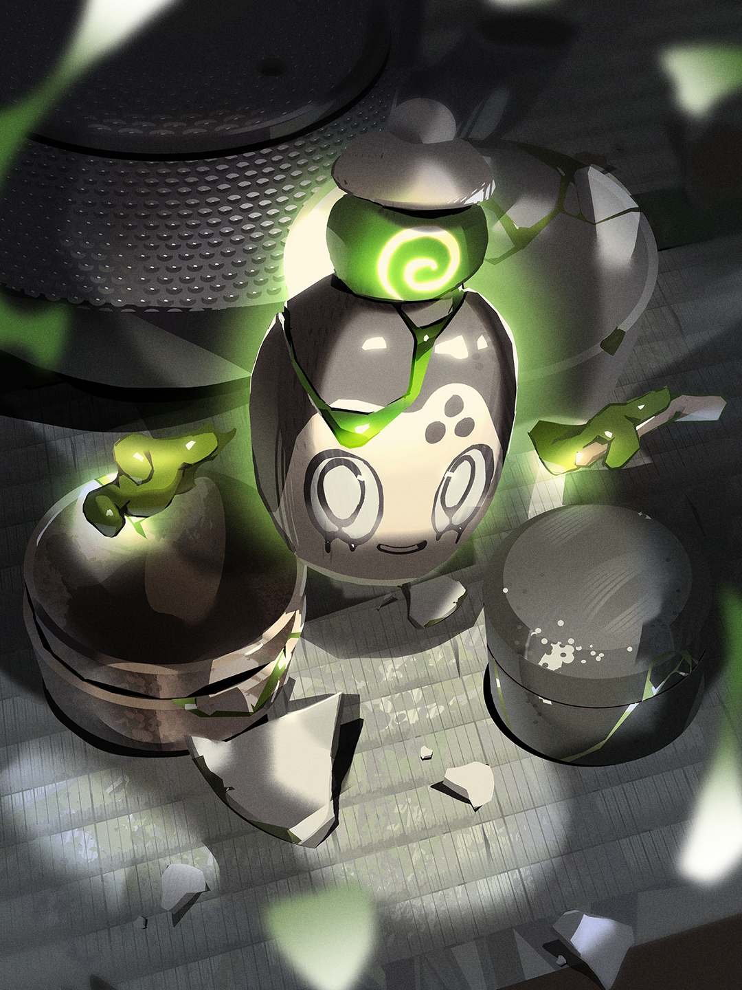 commentary crack cracked_bowl full_body glowing highres jar looking_at_viewer matwvv nintendo no_humans pokemon pokemon_(creature) pokemon_focus poltchageist pottery smile solo