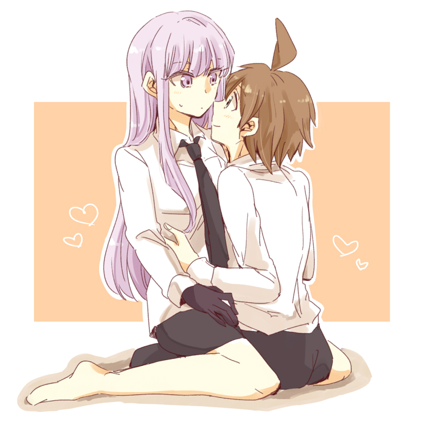 1boy 1girl ahoge black_gloves black_necktie black_pants black_skirt brown_hair collared_shirt danganronpa:_trigger_happy_havoc danganronpa_(series) gloves kirigiri_kyoko long_hair looking_at_another naegi_makoto necktie pants purple_hair shirt short_hair skirt straddling white_shirt zawameki