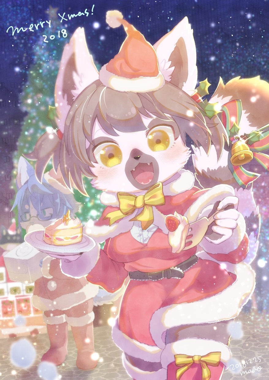 1boy 1girl black_hair blue_hair boots christmas dog furry highres lemur open_mouth shimabo short_hair snowing yellow_eyes