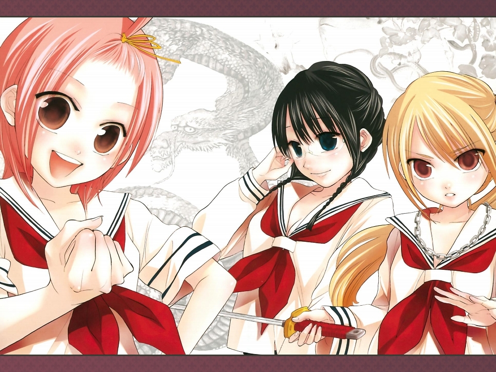 00s 3girls comic forehead high_ponytail holding holding_sword holding_weapon kuzuryuu_momoko miyamoto_iroha multiple_girls nakajima_sanae ponytail school_uniform serafuku sumomomo_momomo sword weapon