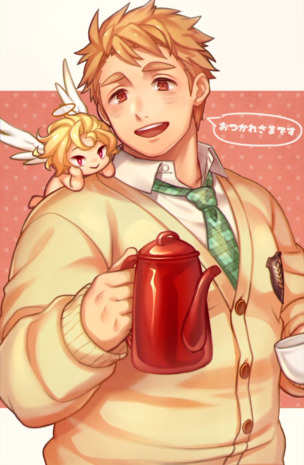 1boy blonde_hair brown_eyes cherub coffee_mug coffee_pot cup cupid_(housamo) gozu_farm green_neckwear highres looking_at_viewer male_focus mug necktie smile teapot tennouji_shin&#039;ya tokyo_houkago_summoners upper_body