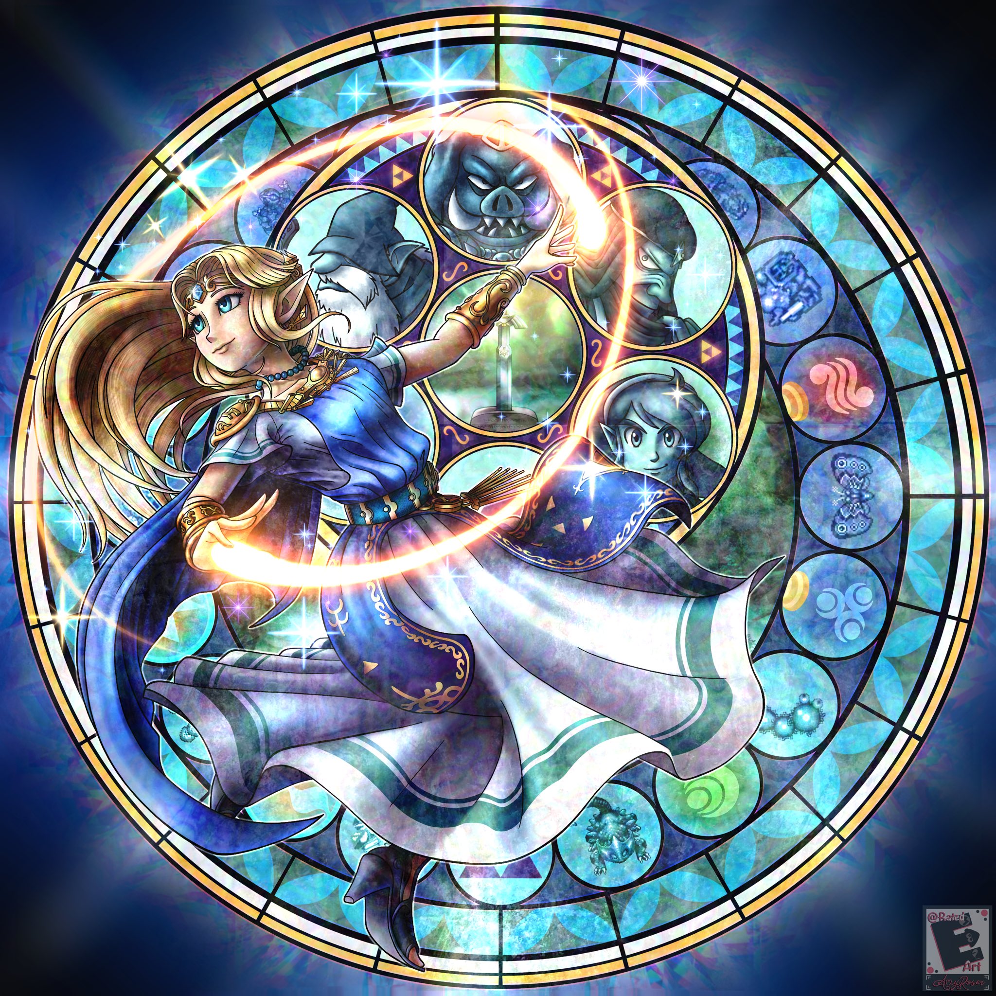 1girl 3boys agahnim amyroser beard blonde_hair blue_dress blue_eyes breasts cloak creature demon dive_to_the_heart dress facial_hair fangs fire full_body ganon highres hood hooded_cloak jewelry kingdom_hearts knight link long_hair magic master_sword medium_breasts multiple_boys necklace nintendo old old_man princess_zelda sahasrahla serious smile super_smash_bros. the_legend_of_zelda the_legend_of_zelda:_a_link_to_the_past tiara triforce