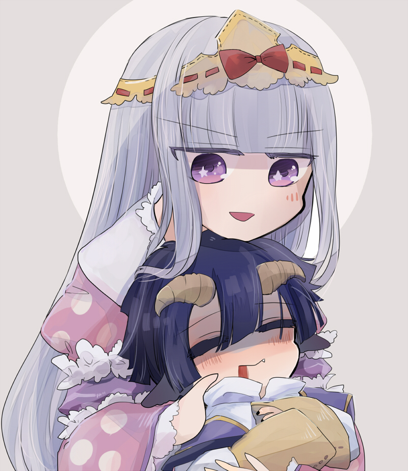 1boy 1girl aged_down aurora_sya_lis_kaymin blood blood_from_mouth blue_hair blush carrying commentary_request demon_cleric grey_hair horns long_hair maou-jou_de_oyasumi purple_eyes short_hair smile treetreetower upper_body