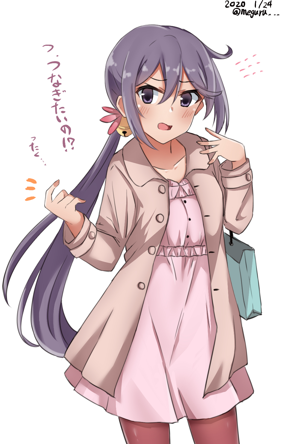 1girl akebono_(kancolle) alternate_costume bag bell black_pantyhose blush coat dress female_focus flower hair_bell hair_between_eyes hair_flower hair_ornament highres jingle_bell kantai_collection long_hair long_sleeves meguru_(megurunn) one-hour_drawing_challenge pantyhose pink_dress purple_eyes purple_hair shopping_bag side_ponytail solo translated very_long_hair